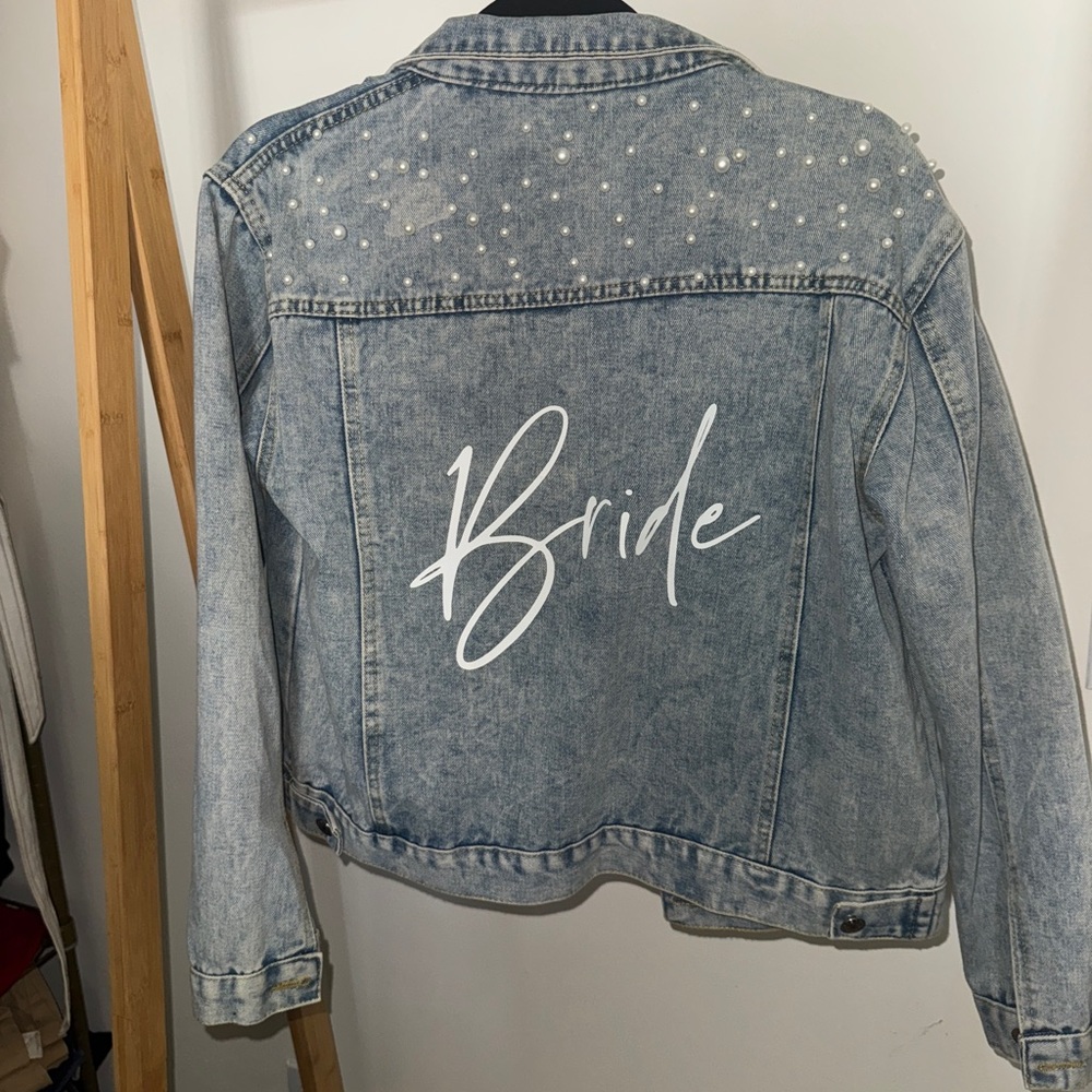 Elegant Blue Denim Bride Jacket with Pearls